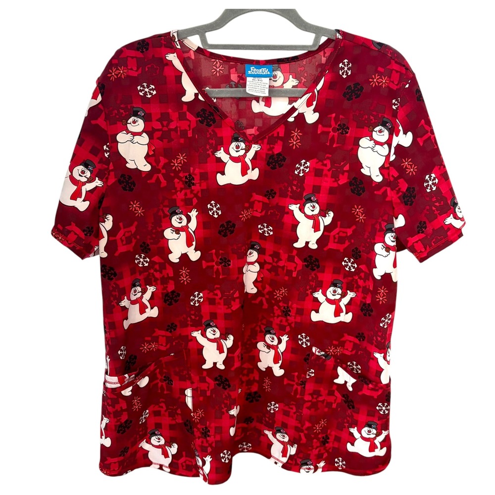 Frosty the Snowman Womens XL Scrub Top Red Plaid Christmas Holiday V-Neck Winter